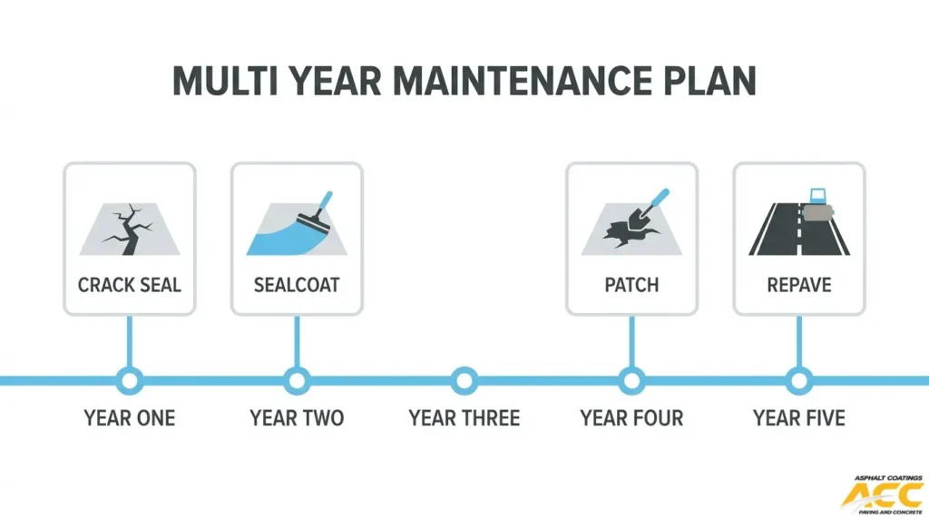 Five-year parking lot maintenance timeline showing crack sealing, sealcoating, asphalt patching, and repaving.