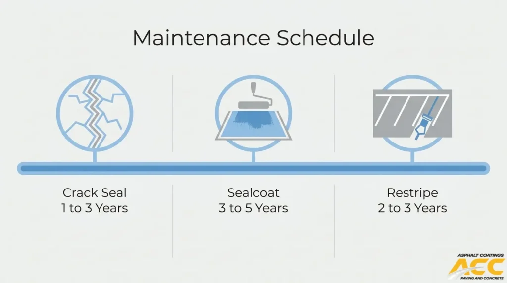 Parking lot maintenance schedule showing crack sealing every 1–3 years, sealcoating every 3–5 years, and restriping every 2–3 years.