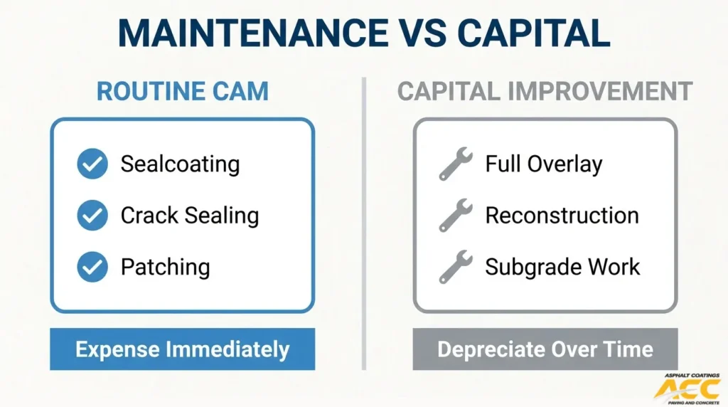 Comparison of routine CAM maintenance, including sealcoating and crack sealing, versus capital improvements such as asphalt overlays and reconstruction.
