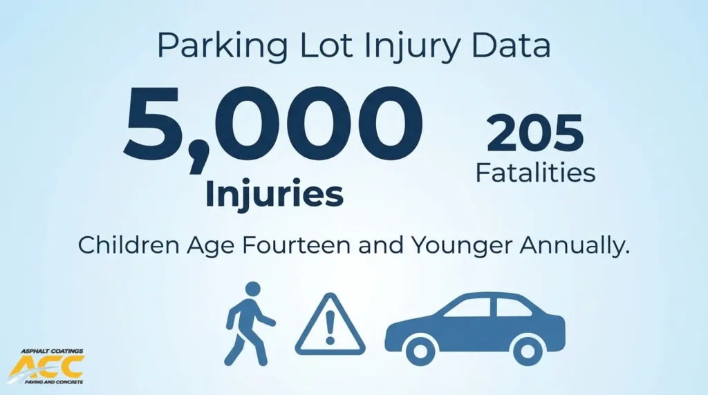 Parking lot injury data highlighting 5,000 injuries and 205 fatalities involving children age 14 and younger annually.
