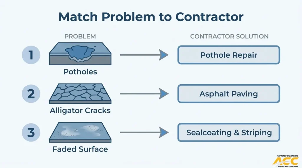 Chart matching parking lot problems to solutions, including pothole repair, asphalt paving for alligator cracks, and sealcoating for faded surfaces.