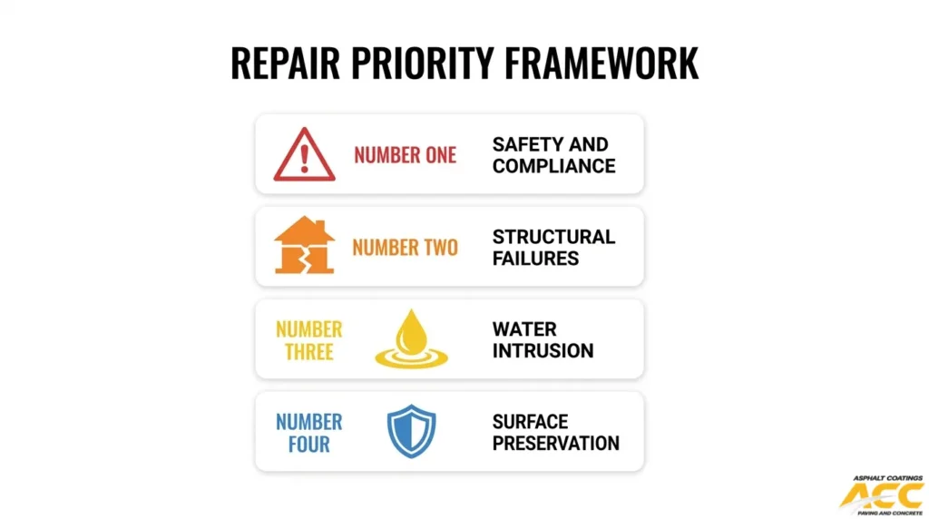 Parking lot repair priority framework ranking safety compliance, structural failures, water intrusion, and surface preservation.