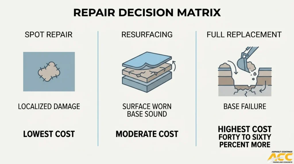Asphalt parking lot repair decision matrix comparing spot repairs for localized damage, resurfacing for worn pavement, and full replacement for base failure.