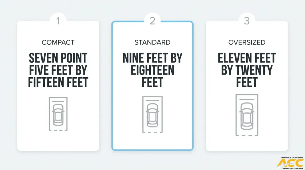 Comparison of compact 7.5 × 15 ft, standard 9 × 18 ft, and oversized 11 × 20 ft parking stall dimensions.