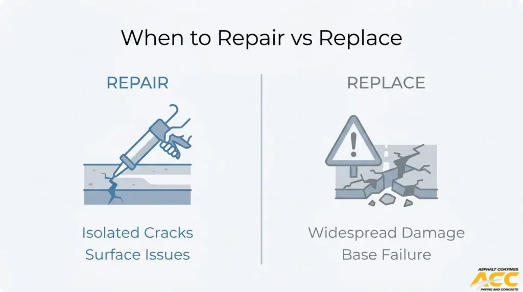 Comparison of asphalt pavement repair for isolated cracks and surface issues versus replacement for widespread damage and base failure.