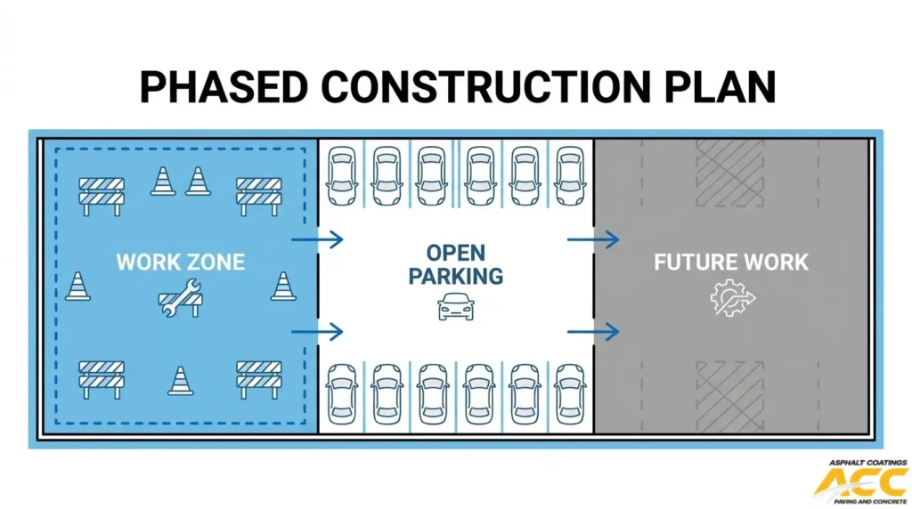 Phased HOA parking lot paving plan showing active construction zones, open parking spaces, and areas scheduled for future work.