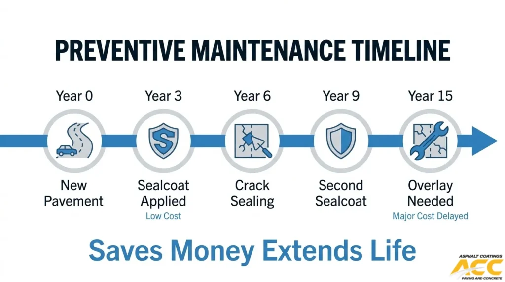 Parking lot preventive maintenance timeline showing sealcoating, crack sealing, and asphalt overlay from year zero through year fifteen.