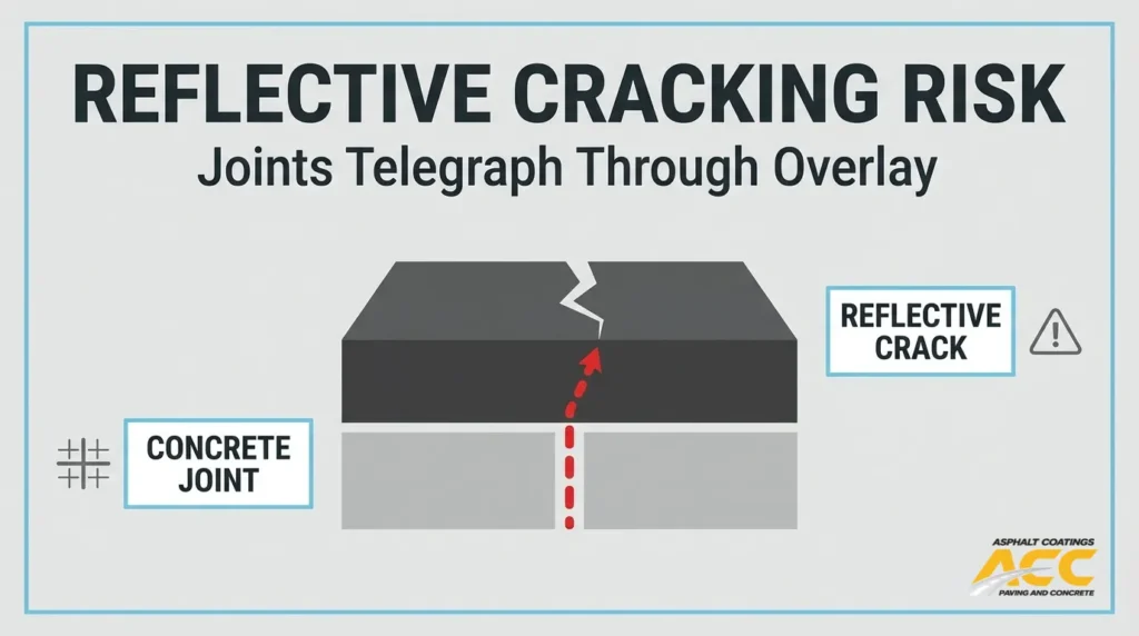 Diagram showing reflective cracking where a concrete joint causes a crack to extend through an asphalt overlay.
