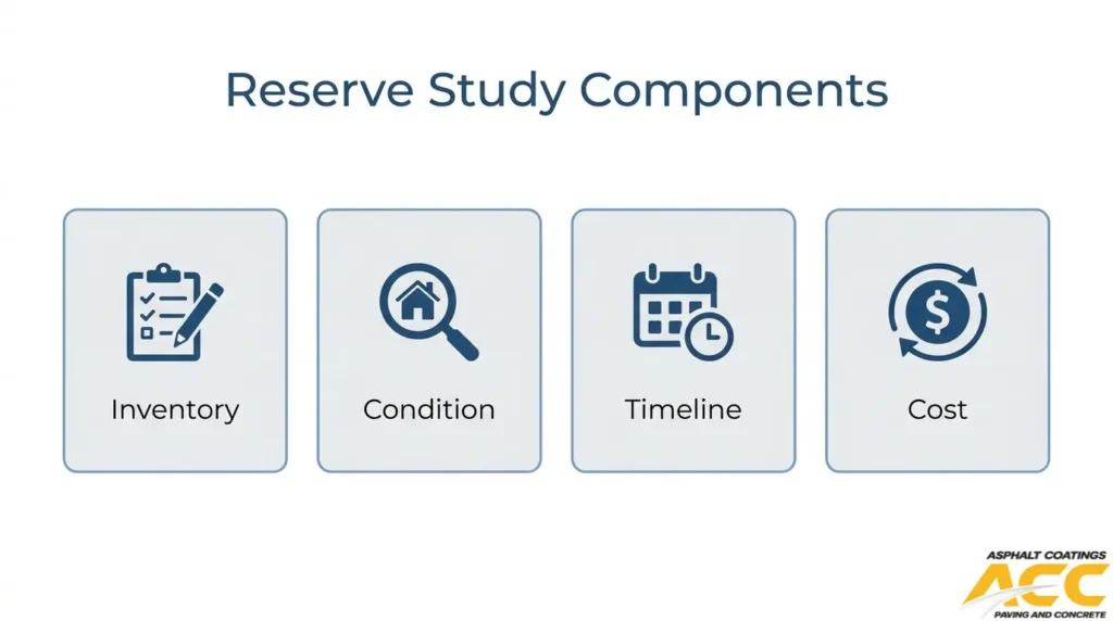 Four key components of an HOA reserve study: property inventory, pavement condition assessment, maintenance timeline, and cost estimates.