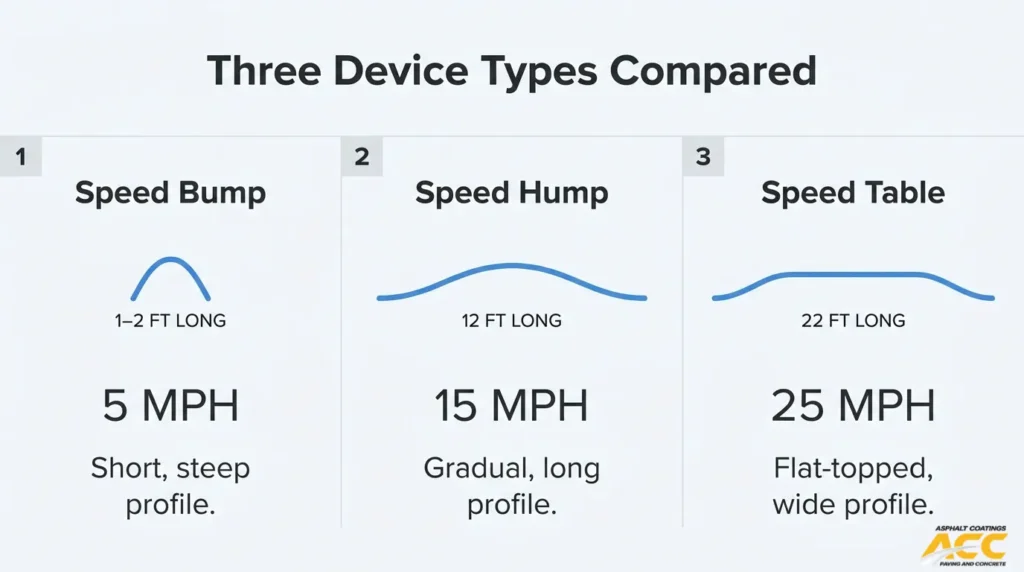 Comparison of speed bumps, speed humps, and speed tables showing their lengths, profiles, and typical vehicle speeds