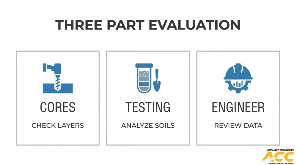 Three-part pavement evaluation process involving core sampling, soil testing, and engineering review before asphalt reclamation.