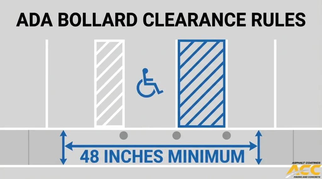 ADA bollard clearance diagram illustrating a 48-inch minimum accessible pathway between parking lot obstacles for wheelchair access.