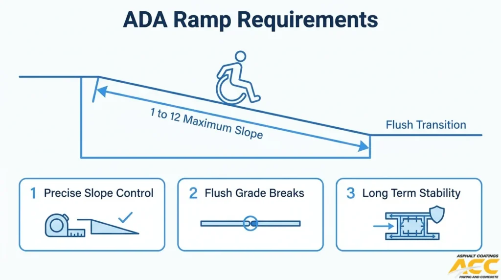 Diagram of an ADA curb ramp illustrating a maximum running slope of 1:12, flush pavement transitions, precise slope control, and long-term structural stability.