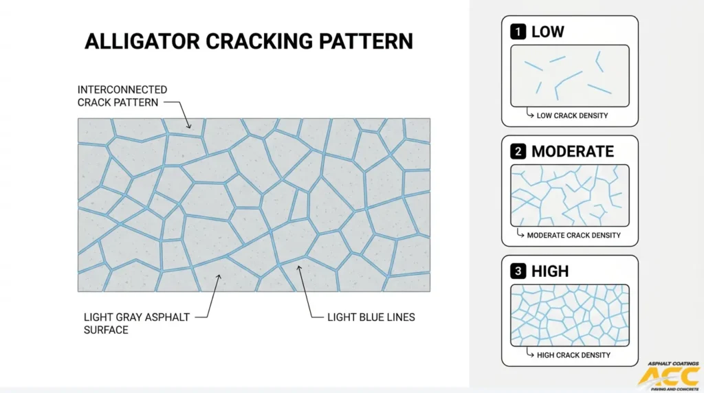Diagram illustrating interconnected alligator cracking patterns in asphalt pavement, comparing low, moderate, and high crack density levels.