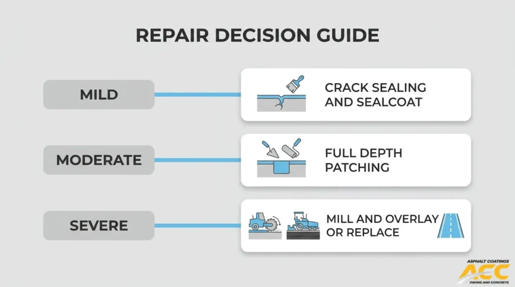 Infographic comparing asphalt alligator cracking repair options by severity, from crack sealing and sealcoating for mild damage to full-depth patching and pavement replacement for severe damage.