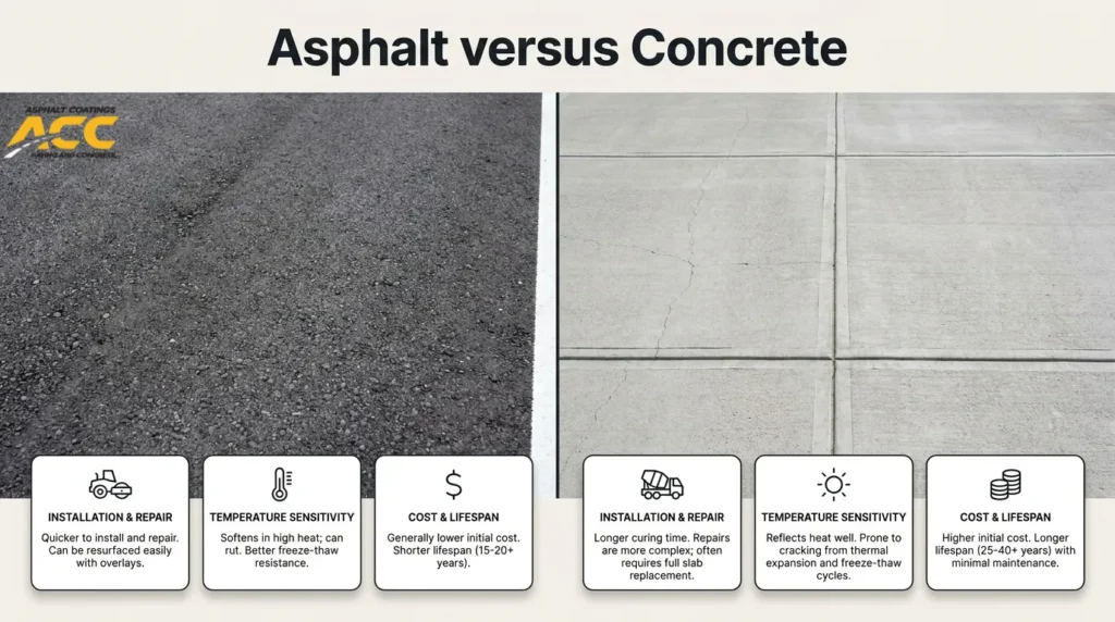 Asphalt versus concrete comparison for commercial driveways covering installation, repairs, temperature sensitivity, cost, and lifespan.