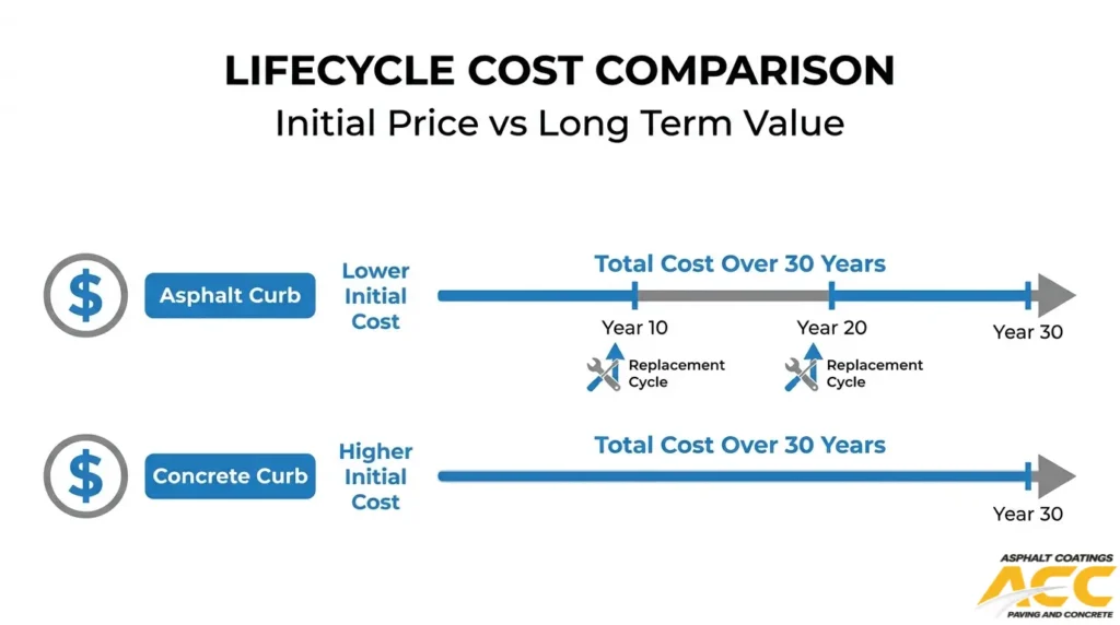 Infographic comparing asphalt and concrete curb lifecycle costs over 30 years, showing lower initial asphalt costs, higher concrete costs, and asphalt replacement cycles.