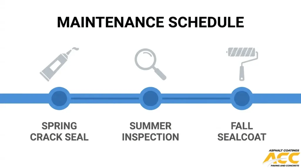 Seasonal asphalt pavement maintenance timeline showing spring crack sealing, summer pavement inspections, and fall sealcoating to help prevent rutting and surface deterioration.