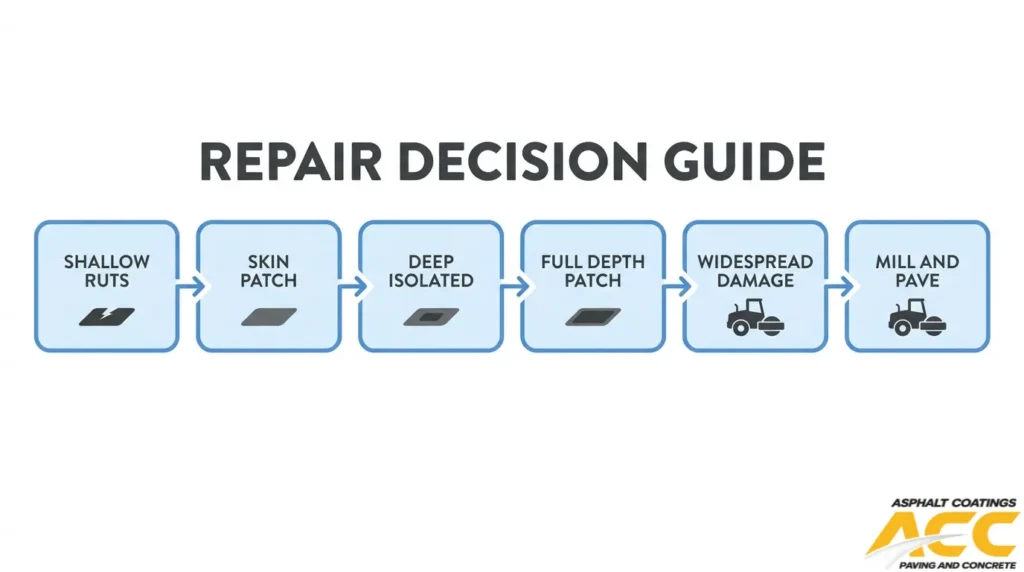 Flowchart showing asphalt rutting repair options, including skin patching for shallow ruts, full-depth patching for deep isolated damage, and milling and paving for widespread deterioration.
