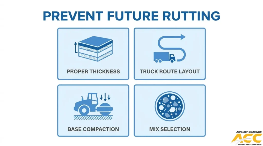 Infographic highlighting four asphalt rutting prevention strategies: proper pavement thickness, truck traffic route planning, base compaction, and asphalt mix selection.