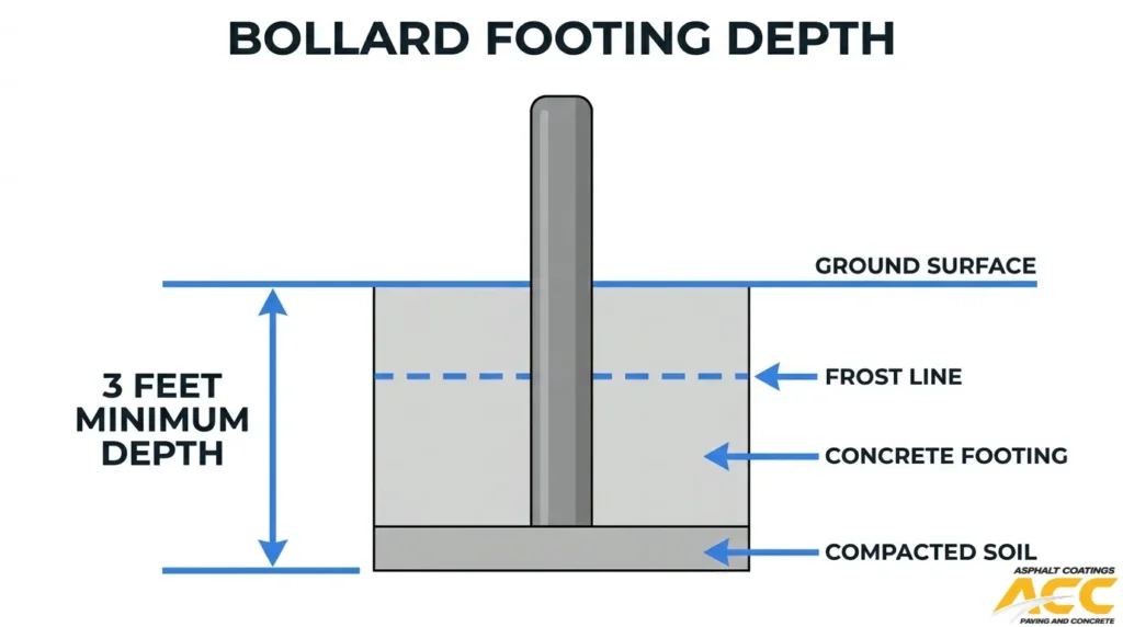 Cross-section diagram of bollard installation showing a 3-foot minimum footing depth, concrete foundation, frost line, ground surface, and compacted soil.