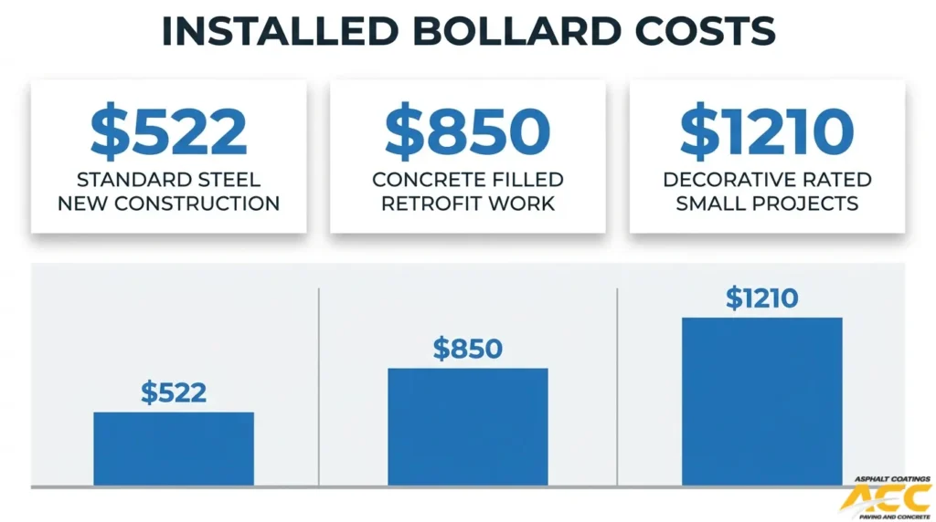 Bollard installation cost comparison chart showing $522 for standard steel bollards in new construction, $850 for concrete-filled retrofits, and $1,210 for decorative-rated bollards in small projects.