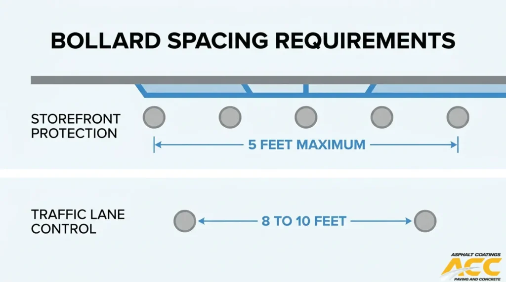 Bollard spacing diagram illustrating a 5-foot maximum for storefront protection and 8-to-10-foot spacing for traffic lane control.
