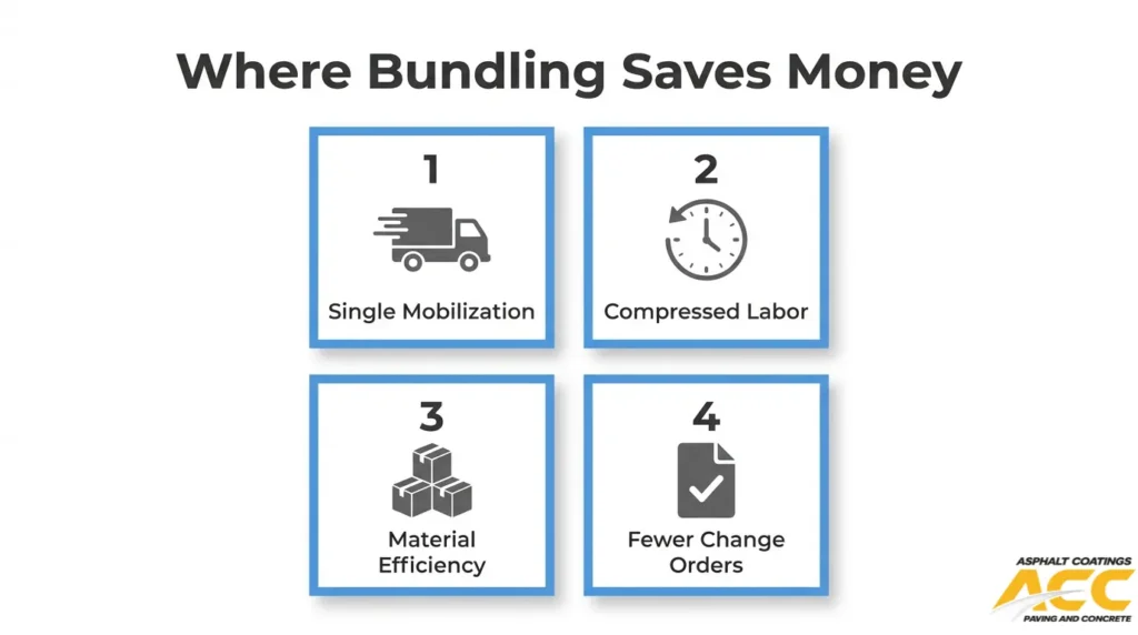Infographic showing four cost-saving benefits of bundling asphalt sealcoating and parking lot striping: single mobilization, reduced labor time, material efficiency, and fewer change orders.