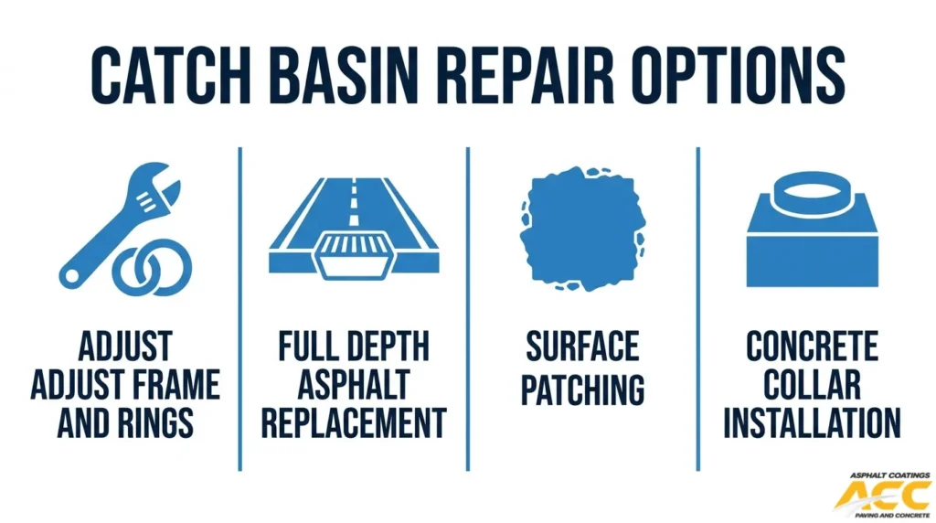 Infographic comparing four catch basin repair methods: frame and adjustment ring repairs, full-depth asphalt replacement, surface patching, and concrete collar installation.