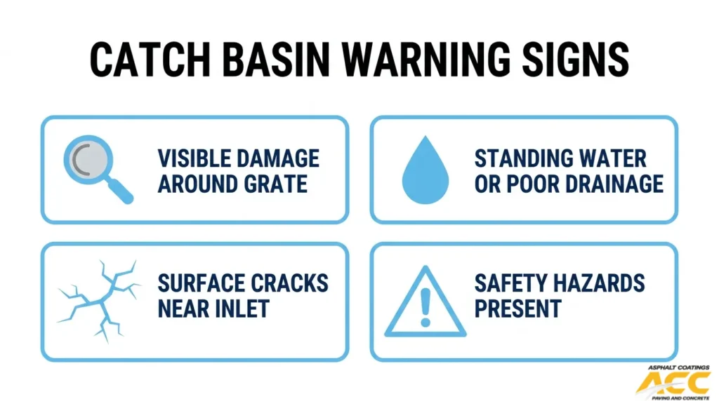 Catch basin inspection checklist highlighting visible damage around drainage grates, standing water, poor drainage, pavement cracks near inlets, and potential safety hazards.