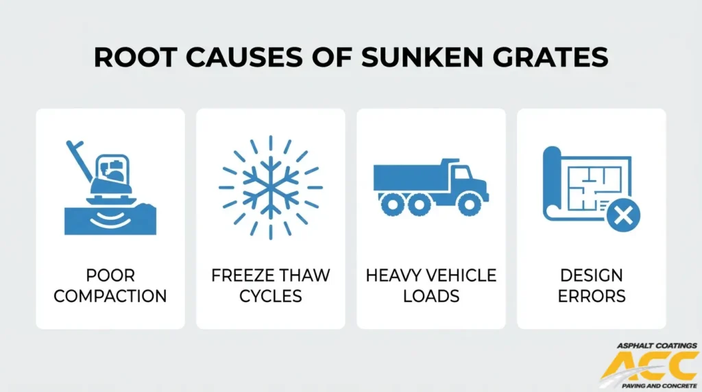 Infographic identifying four causes of sunken catch basin grates in parking lots: poor soil compaction, freeze-thaw cycles, heavy vehicle loads, and drainage structure design errors.