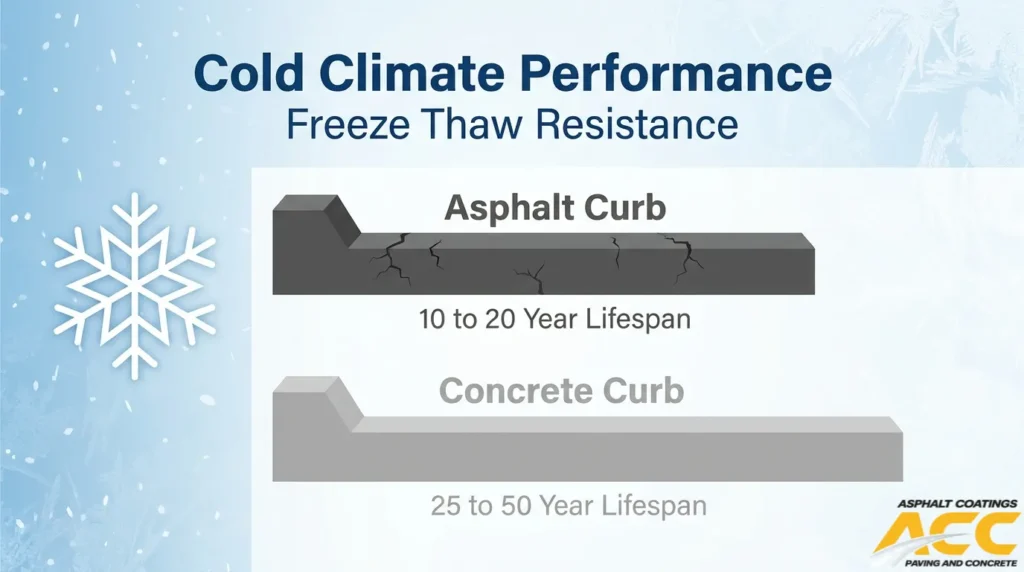 Comparison of asphalt and concrete curb durability in freezing climates, showing freeze-thaw damage and estimated lifespans of 10–20 years and 25–50 years, respectively.