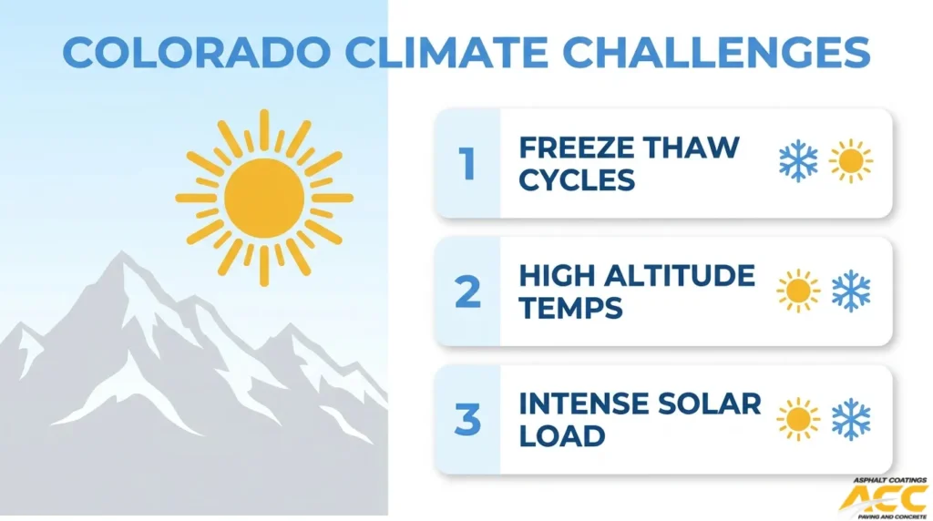 Infographic illustrating Colorado climate factors affecting asphalt rutting, including freeze-thaw cycles, high-altitude temperature changes, and intense solar exposure.
