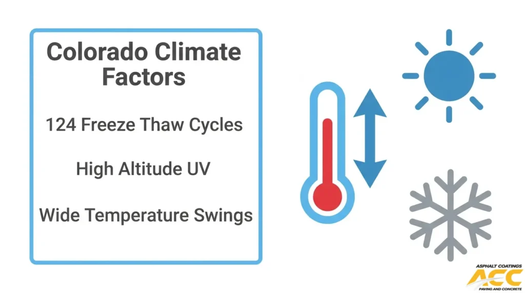 Infographic showing Colorado climate considerations for laydown yard surfaces, including freeze-thaw cycles, high-altitude UV exposure, and wide temperature fluctuations.