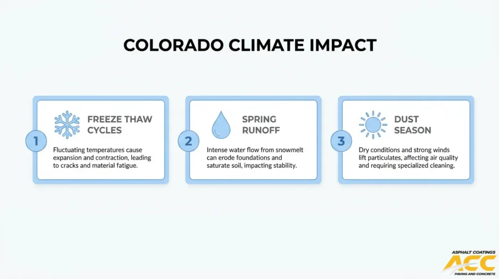 Infographic illustrating how Colorado's freeze-thaw cycles, spring runoff, and dry, windy conditions affect gravel parking lot durability, drainage, and dust control.