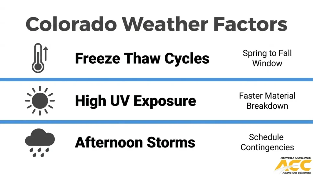 Infographic illustrating Colorado weather factors affecting asphalt sealcoating schedules, including freeze-thaw cycles, high UV exposure, and afternoon storms.