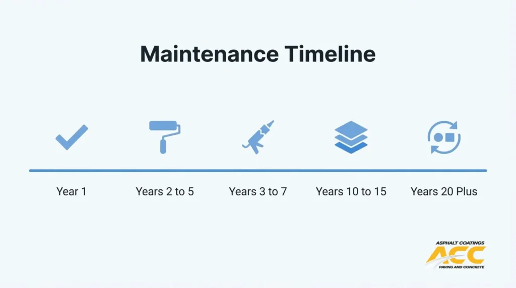 Commercial pavement maintenance timeline showing service intervals from year one through 20 years and beyond.