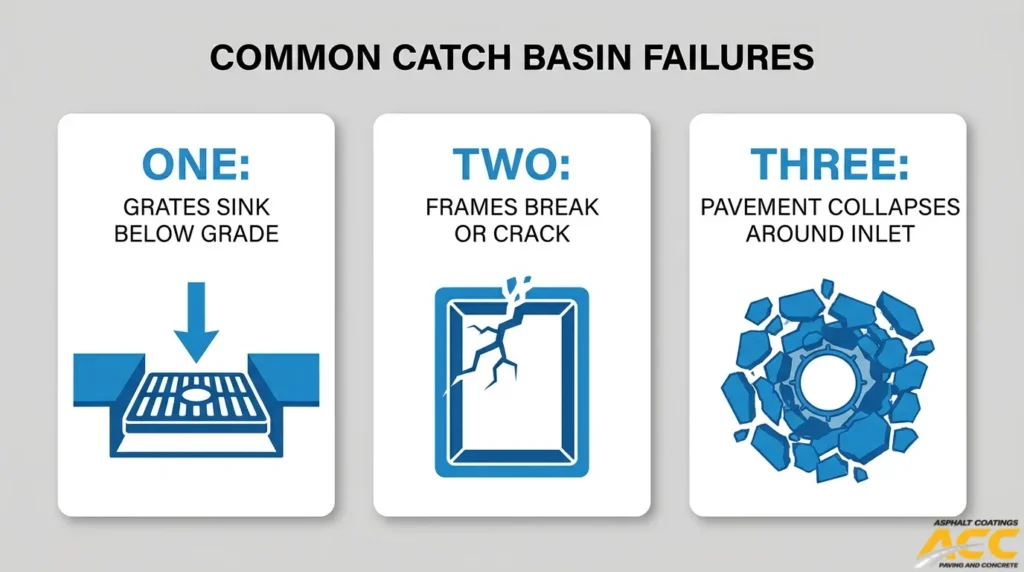 Infographic showing three common catch basin failures: drainage grates sinking below pavement grade, cracked or broken frames, and collapsing asphalt around storm drain inlets.