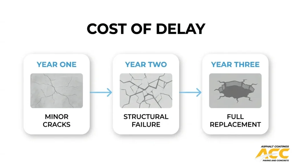 Timeline illustrating how untreated asphalt alligator cracking can progress from minor surface cracks to structural pavement failure and full replacement.