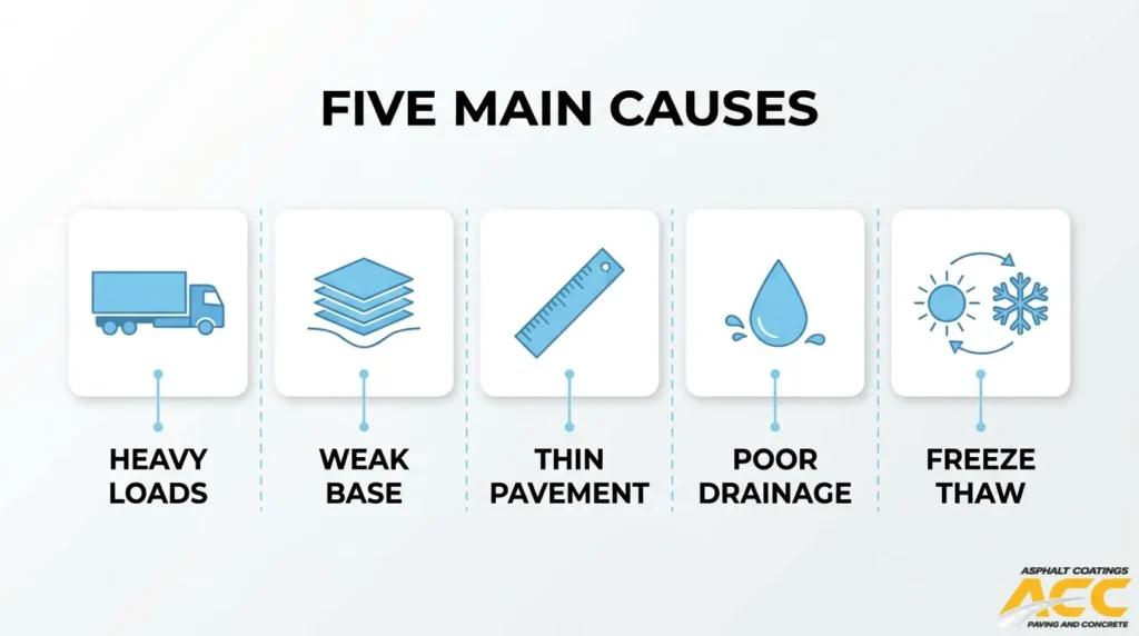 Infographic highlighting five causes of alligator cracking in asphalt parking lots: heavy traffic loads, weak base, thin pavement, poor drainage, and freeze-thaw cycles.