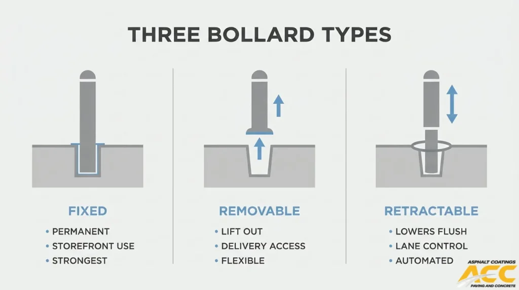 Infographic comparing fixed, removable, and retractable bollards, illustrating their installation methods and uses for storefront protection, delivery access, and traffic control.
