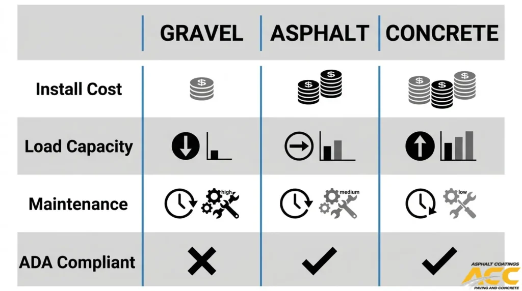 Comparison chart of gravel, asphalt, and concrete laydown yard surfaces based on installation costs, load capacity, maintenance requirements, and ADA accessibility.