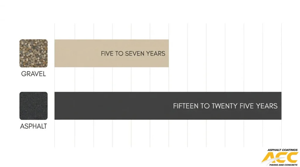 Bar chart comparing gravel and asphalt parking lot lifespans, showing 5–7 years for gravel and 15–25 years for asphalt.