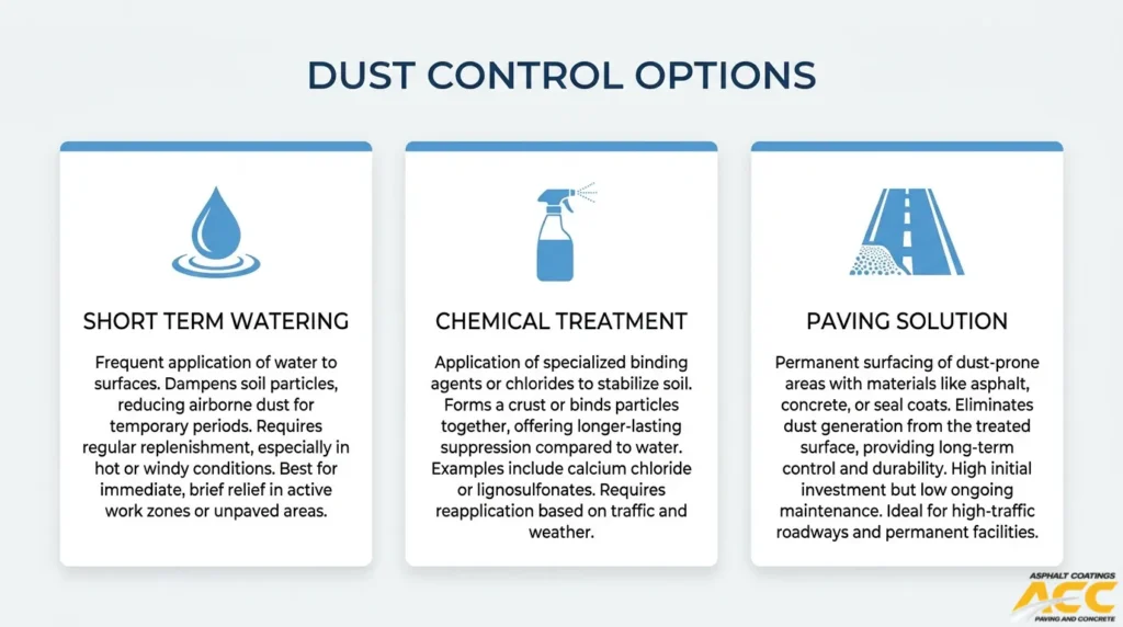 Comparison of three gravel parking lot dust control methods: temporary watering, chemical dust suppressants, and permanent asphalt or concrete paving.