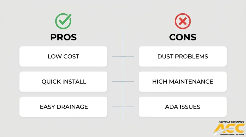 Infographic showing gravel parking lot advantages, including low cost, quick installation, and drainage, alongside disadvantages such as dust, frequent maintenance, and ADA accessibility concerns.