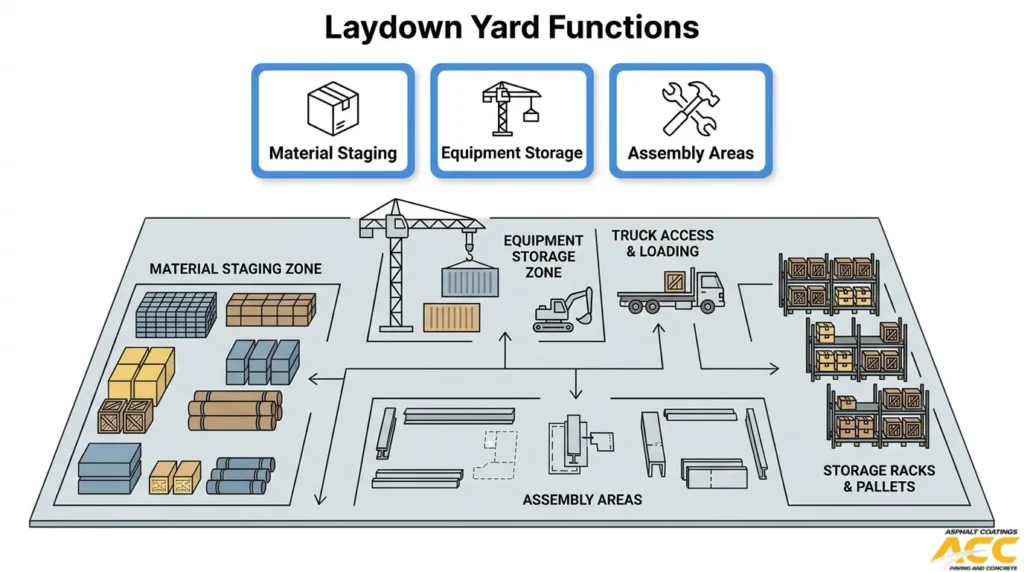 Illustrated layout of an industrial laydown yard showing material staging zones, equipment storage, assembly areas, truck access, loading areas, and storage racks.