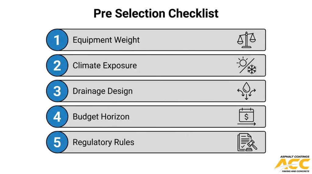 Five-point checklist for choosing a laydown yard surface based on equipment weight, climate exposure, drainage design, long-term budget, and regulatory requirements.