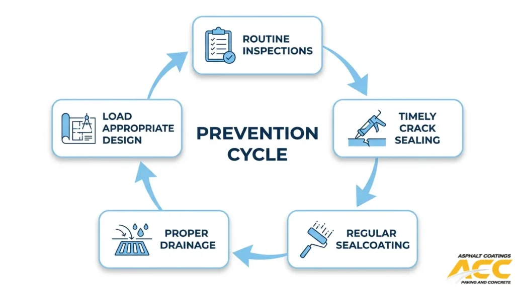 Circular infographic showing asphalt alligator cracking prevention methods, including routine inspections, timely crack sealing, sealcoating, proper drainage, and load-appropriate pavement design.