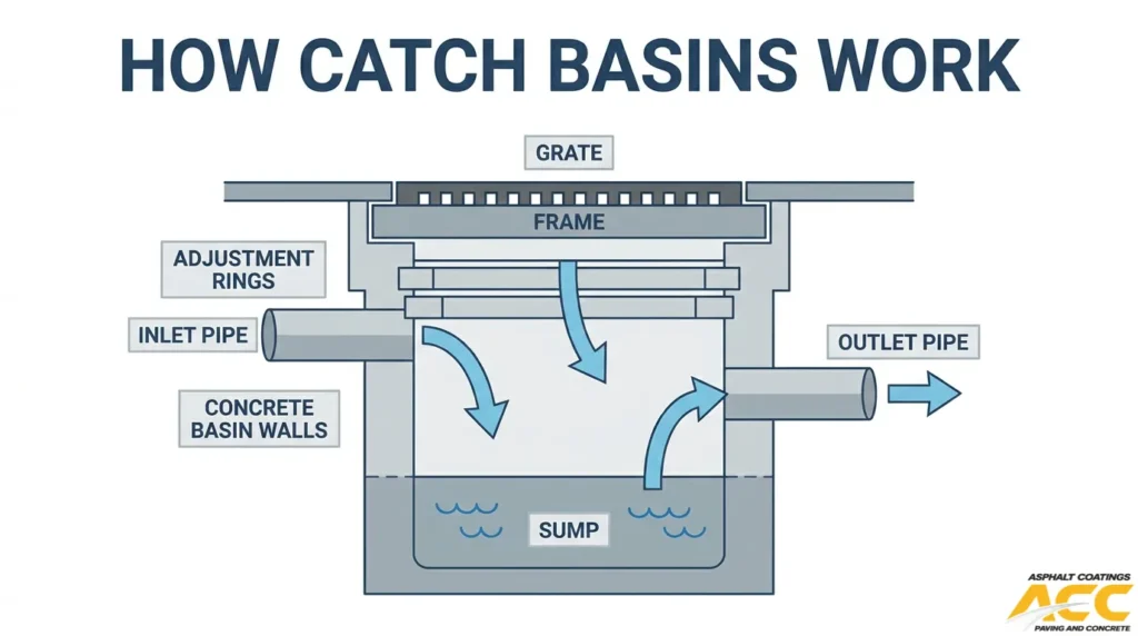 Cross-section diagram of a parking lot catch basin showing the drainage grate, frame, adjustment rings, inlet pipe, outlet pipe, concrete basin walls, and sump for stormwater collection.