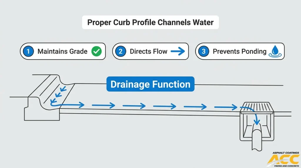 Diagram illustrating how proper parking lot curb profiles direct stormwater toward a drainage inlet, maintain surface grading, and help prevent water pooling.